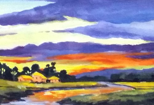 Sunset Village - Acrylic on Canvas Painting by Samiran Sarkar