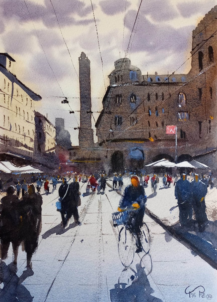 Expressive Watercolour , Cycling Bologna By Tollo Pozzi, 11 X 15, Artwork For Sale On Artfinder