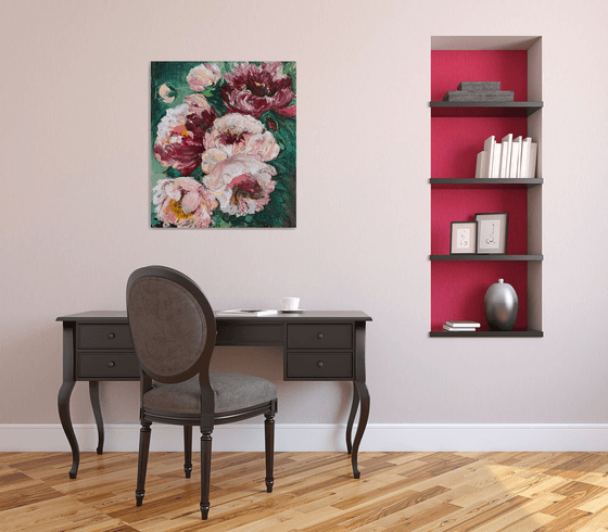 PEONIES ON EMERALD- original painting on canvas floral