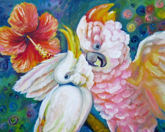 Fell in Love 24X24" Cockatoo Parrots Original Oil Painting Nadia Bykova