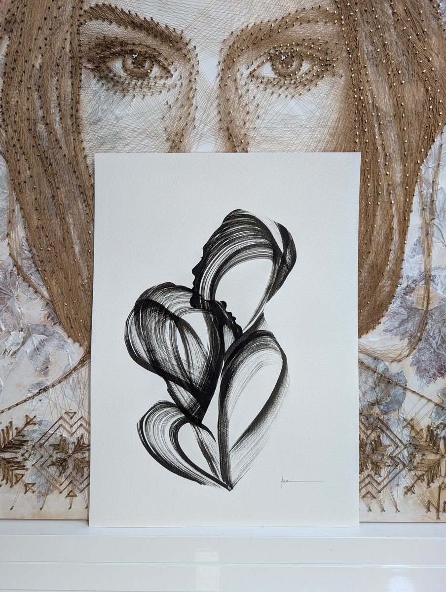Expressive Portrait Ink Drawing By Nicol Vacaru, 15 X 22", Echo Of A Hug, Original Artwork