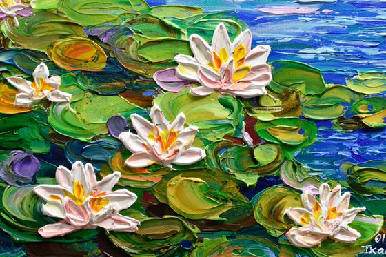 Water Lilies Pond II - Impasto Floral Art, Palette Knife Painting