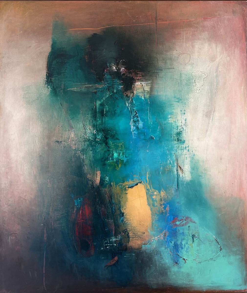 Expressive Abstract Oil Painting By Ludmila Budanov, 47 X 55", Reflection Of Time, Original Artwork