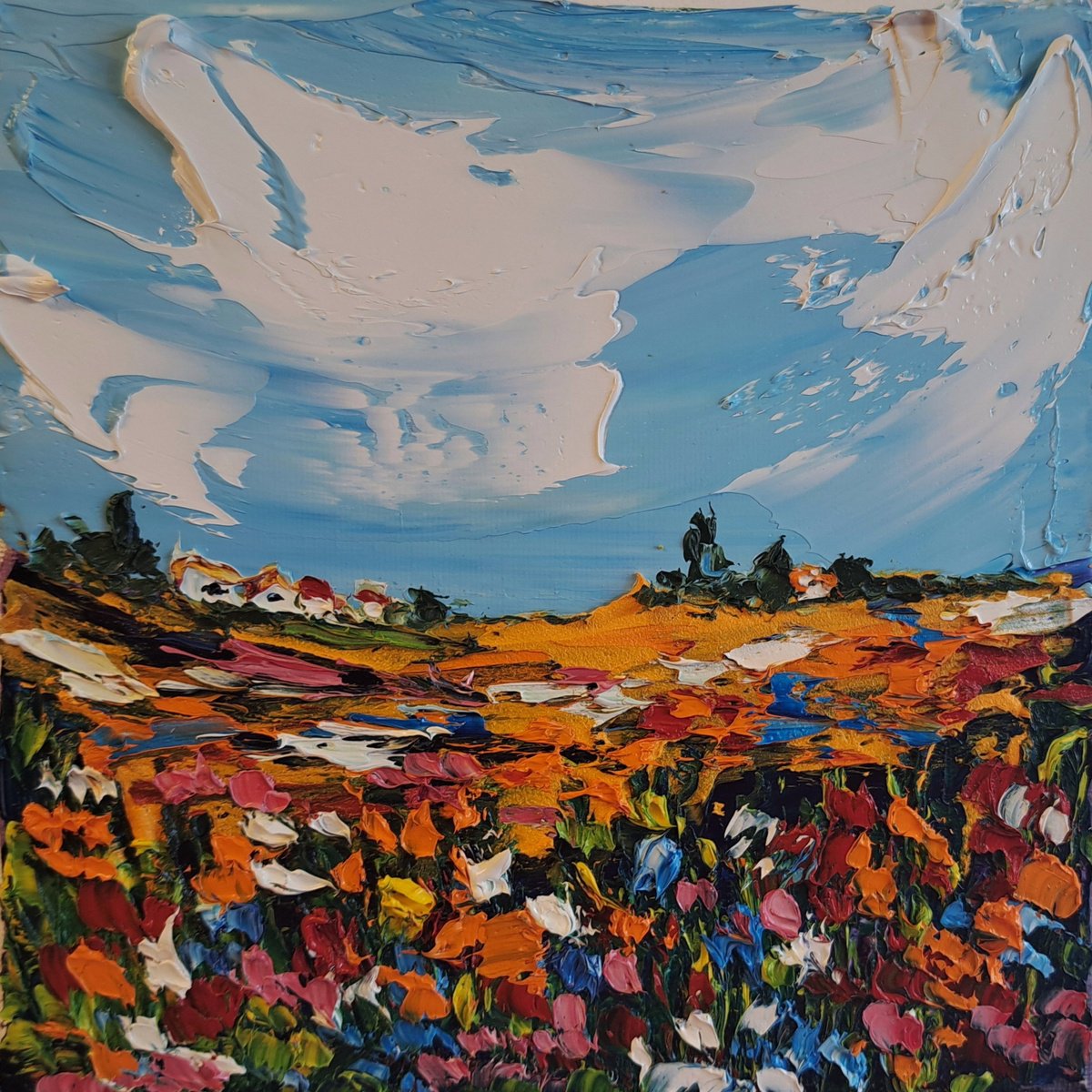 Impressionistic Landscape Oil Painting By Oksana Fedorova, 8 X 8", Yellow Wild Flowers, Original Artwork