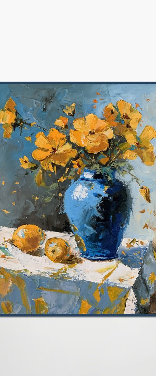 Yellow wild flowers in a blue vase. by Vita Schagen
