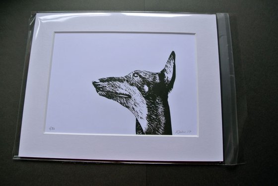 Dog Linocut, Print on Paper, Mounted