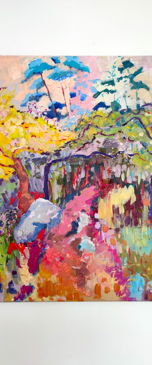 Impressionist outdoor abstract painting, "Meet at the Croix d'Augas" by Linda Clerget