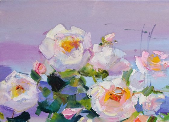 Enchanted by the light. Roses garden in Montenegro. Original plain air oil painting