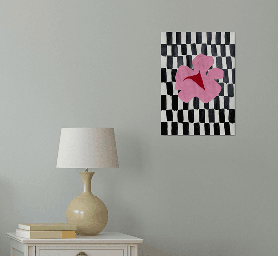 Pink Flower on Checkerboard