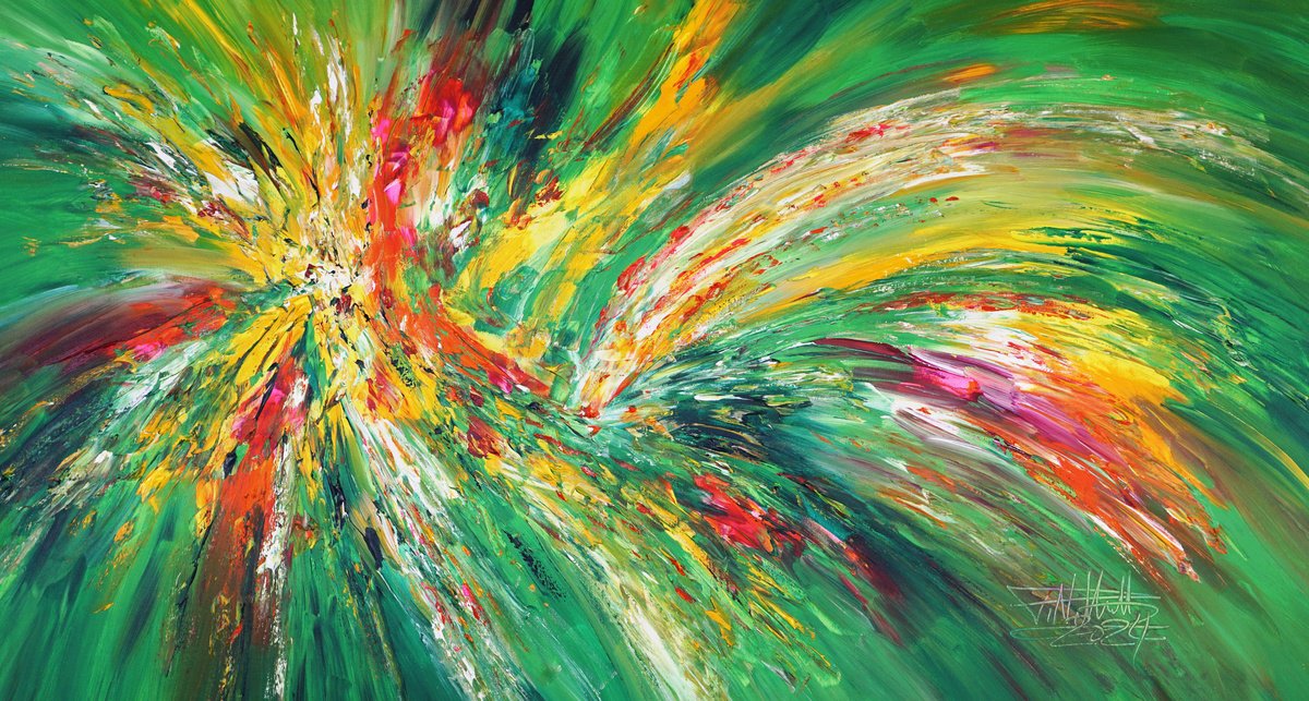 Abstract Acrylic Painting By Peter Nottrott, 61 X 33", Green Adventure L 7, Original Artwork