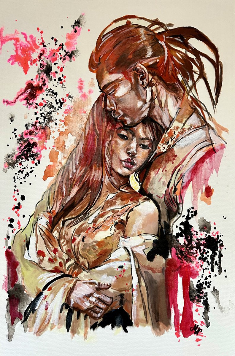 Expressive Portrait Acrylic Painting By Misty Lady - M. Nierobisz, 13 X 19", A Touching Love Story,, Original Artwork