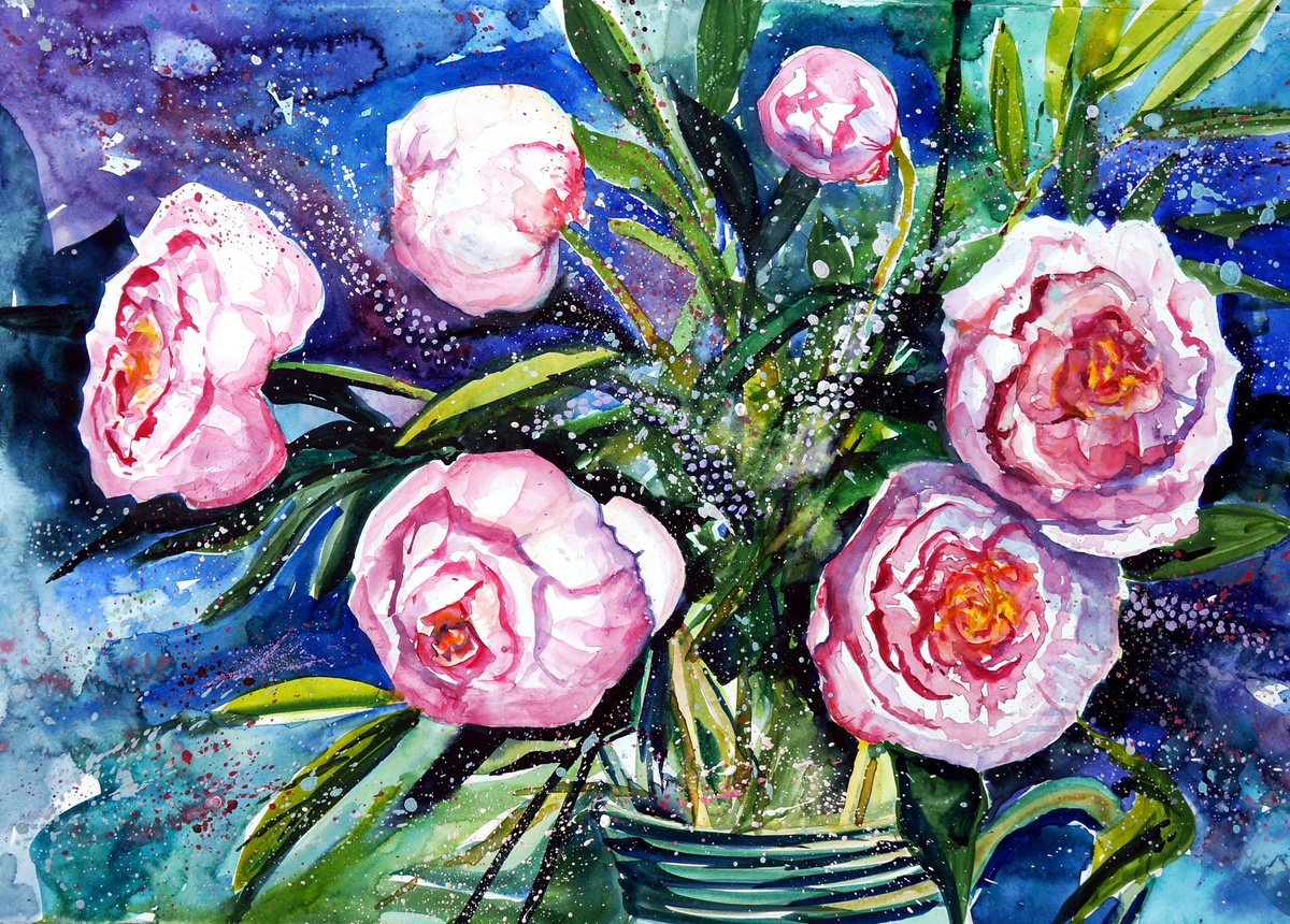 Impressionistic Botanical Painting By Julia Rigby, 19 X 13", Peonies And Veronica, Original Artwork