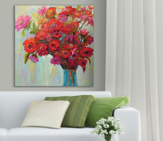 Red Poppy Flower Painting, Abstract Floral Art,  Original oil painting