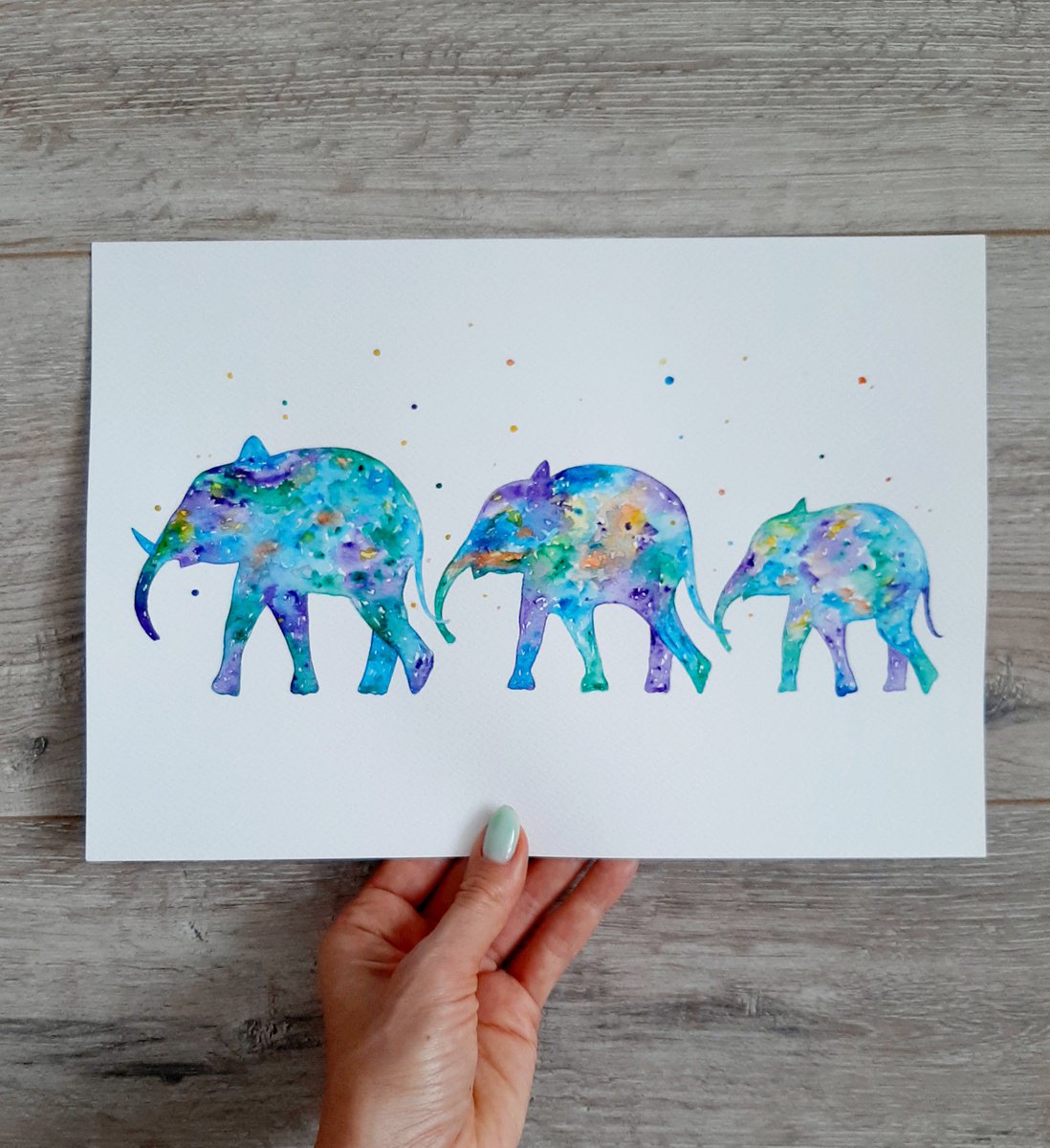 Impressionistic Watercolour , Family Of Elephants By Luba Ostroushko, 12 X 16, Artwork For Sale On Artfinder
