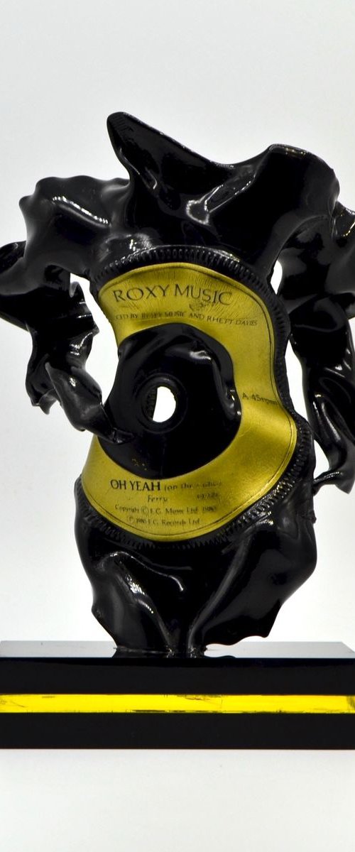 Small Standing Figurative Sculpture Gold & Black Vinyl Music Record Custom Acrylic Base by Seona Mason