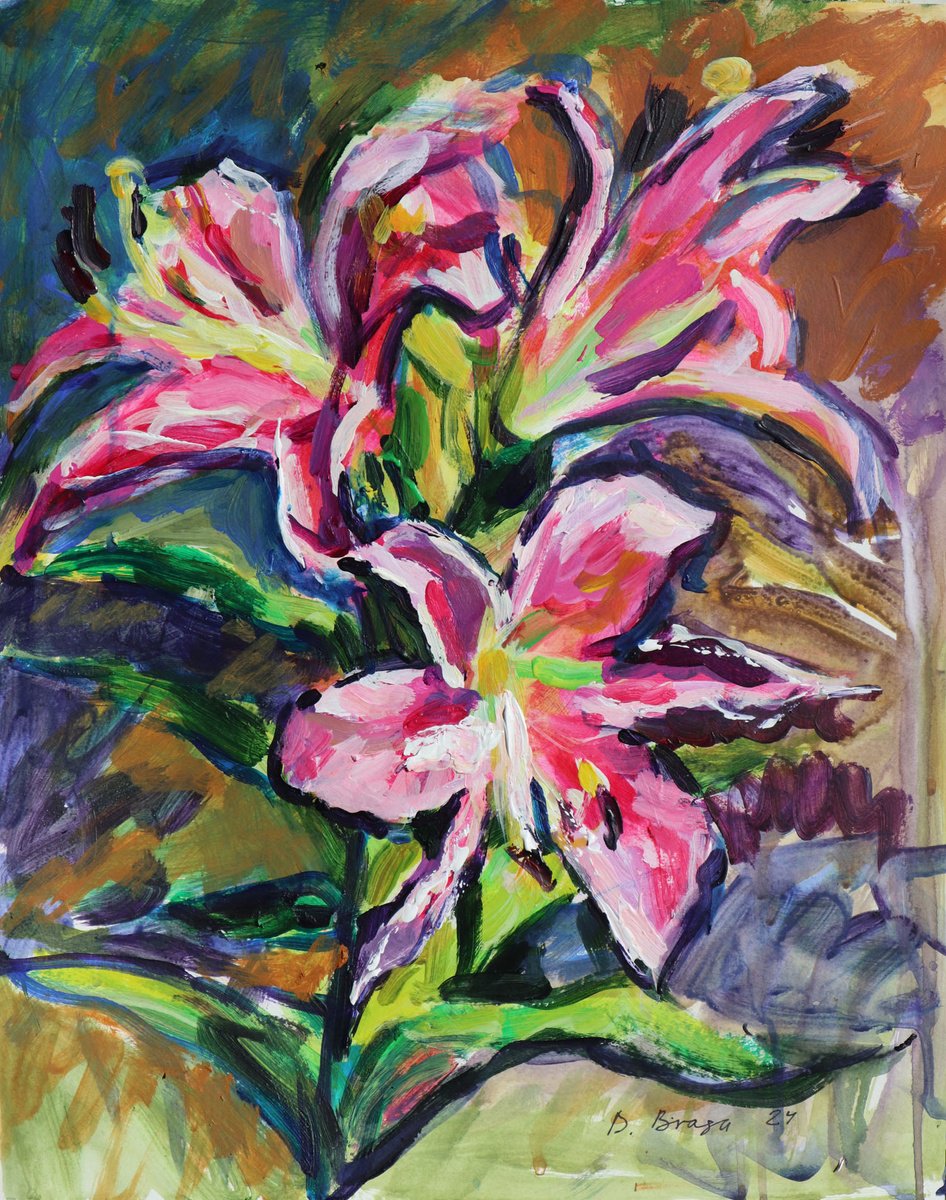 Expressive Botanical Acrylic Painting By Dima Braga, 16 X 20, Rose Lilies (Plein Air), Original Artwork