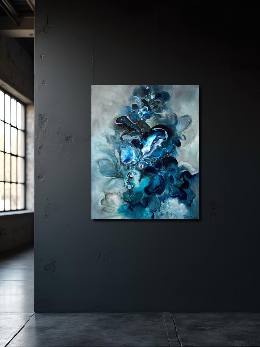 Abstract Botanical Painting By Yuliia Poraiko, 24 X 31", Shimmering Blue, Original Artwork