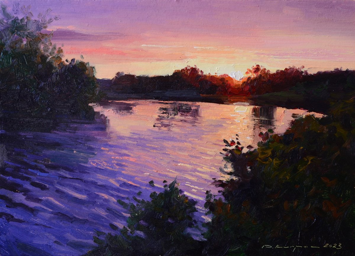 Impressionistic Landscape Oil Painting By Ruslan Kiprych, 13 X 9", Sweet Sunset, Original Artwork