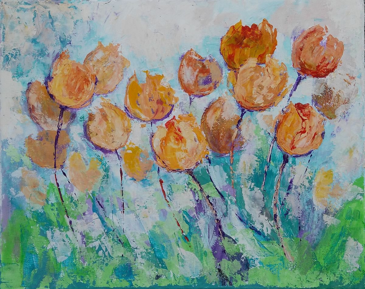 TULIPS TIME, 50x40cm, spring flowers abstract painting by Emilia Milcheva