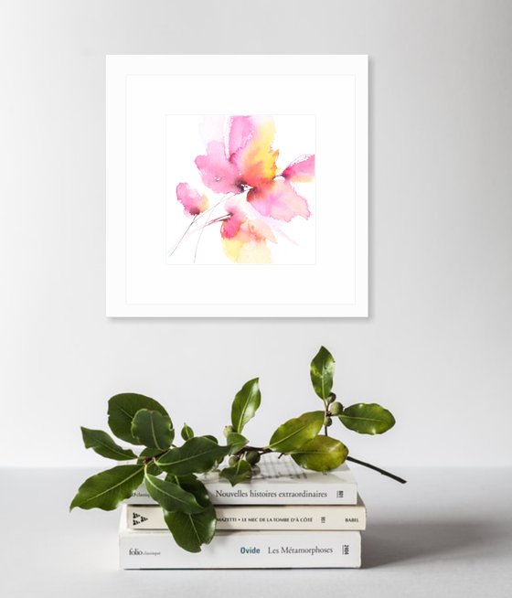 Abstract pink flower painting, small watercolor art