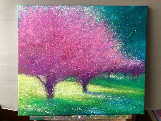 Sakura blossom painting on canvas, spring flower, nature wall art