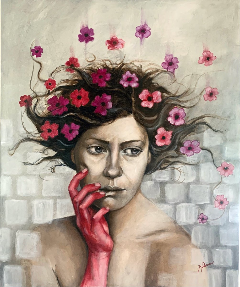 Expressive Portrait Oil Painting By Maria Romano, 20 X 24", The Garden Of Thoughts, Original Artwork