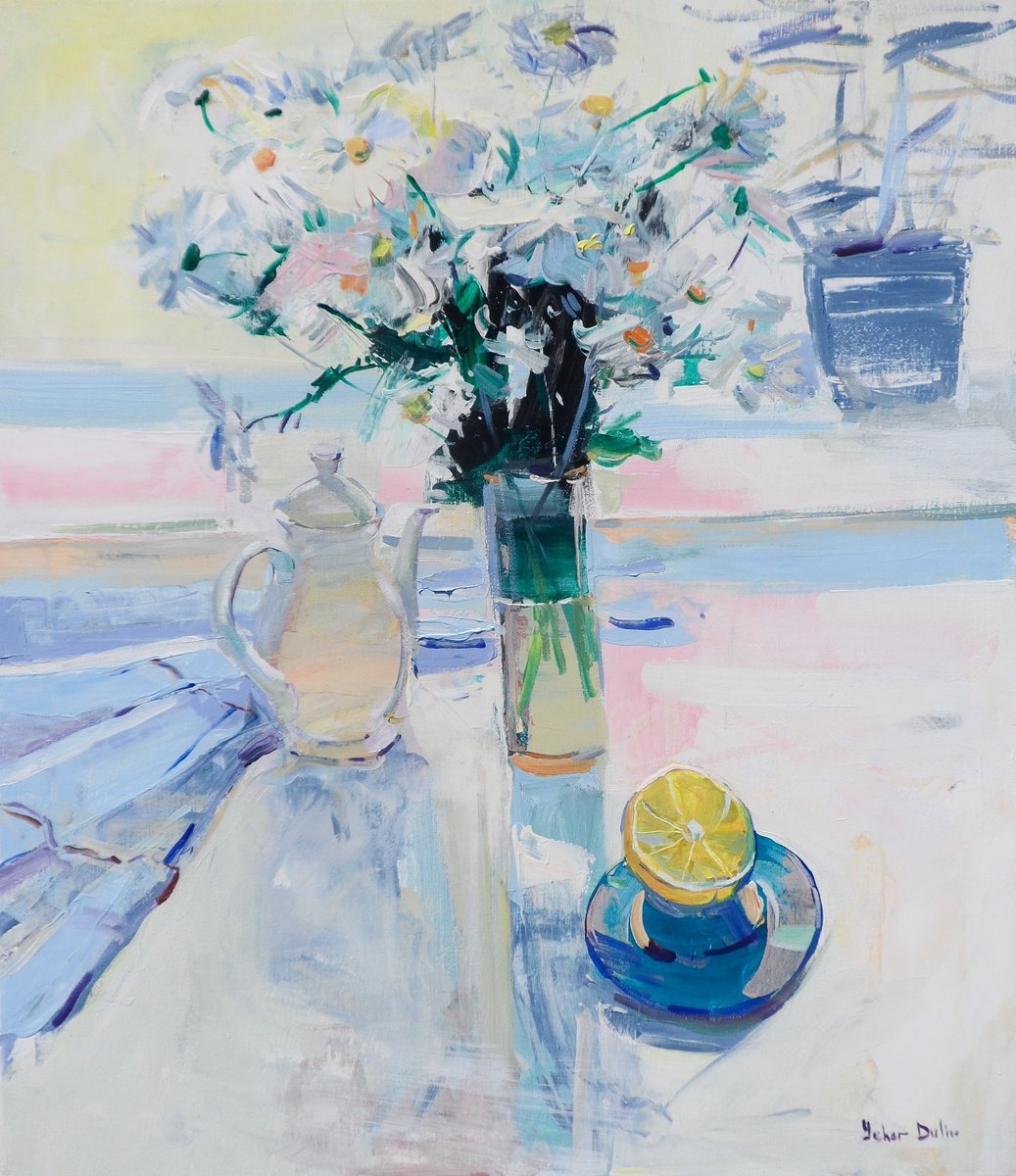 Impressionistic Botanical Acrylic Painting By Yehor Dulin, 26 X 30", " Morning Coffee", Original Artwork