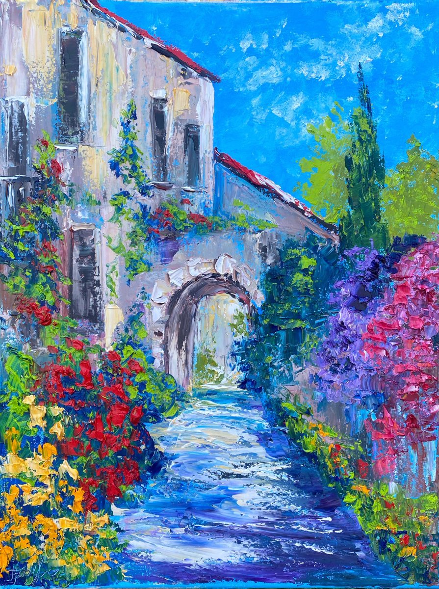 Impressionistic Cityscapes Oil Painting By Oksana Fedorova, 16 X 20", Old Italian Patio With Flowers, Original Artwork