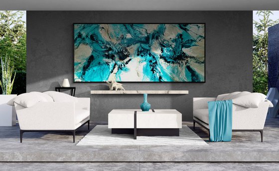 Creamed Honey Rush 270cm x 120cm Cream Teal Textured Abstract Art