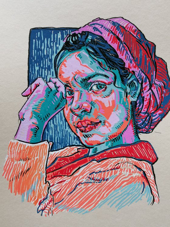 Woman in scarf. Girl in scarf. Acrylic portrait
