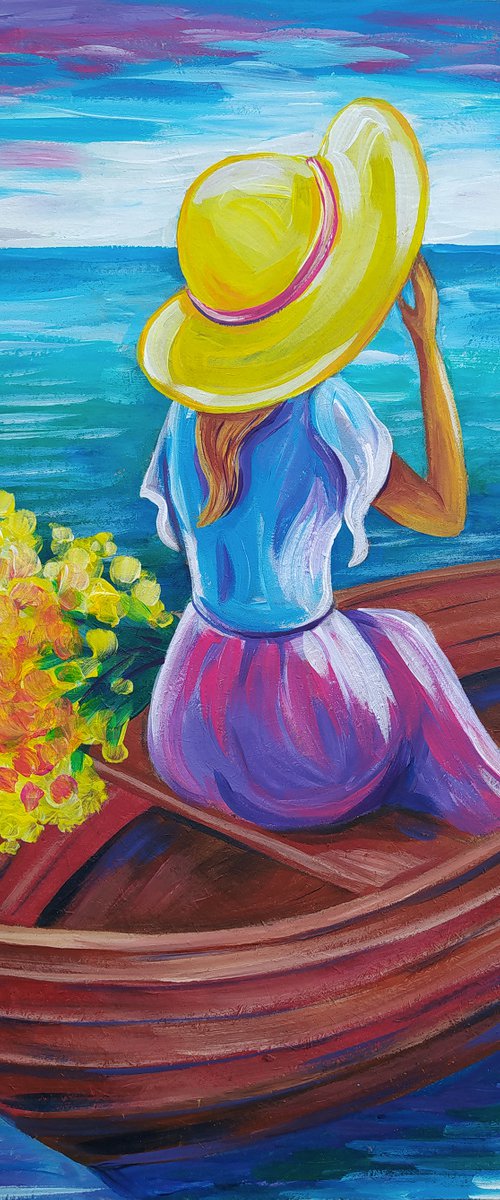 Сalm sea - woman, sea, boat, woman acrylic painting, woman in boat, seascape, water, woman and flowers by Anastasia Kozorez