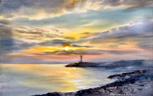 Lighthouse at sunset by Eugenia Gorbacheva