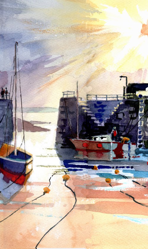Harbour, Mousehole, Cornwall. Sun, Sea and Boats by Peter Day