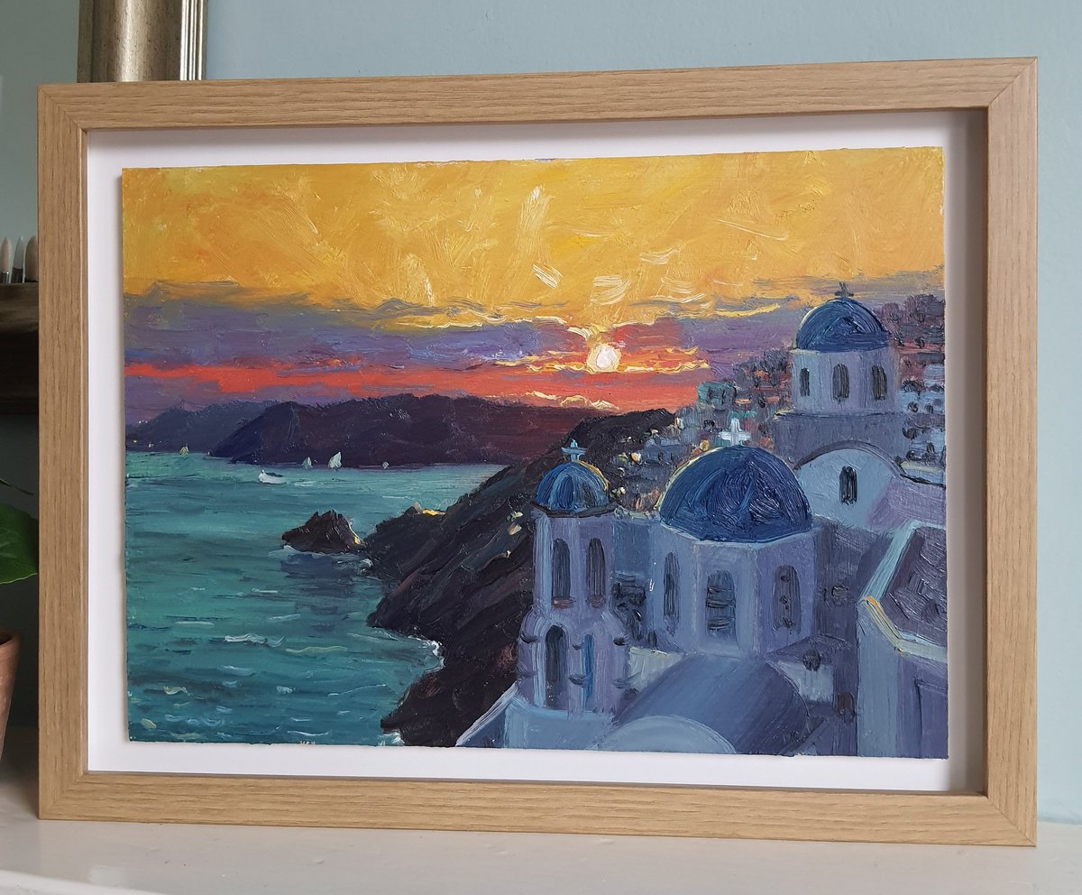 Impressionistic Landscape Oil Painting By Roberto Ponte, 16 X 12", Santorini Sunset, Original Artwork