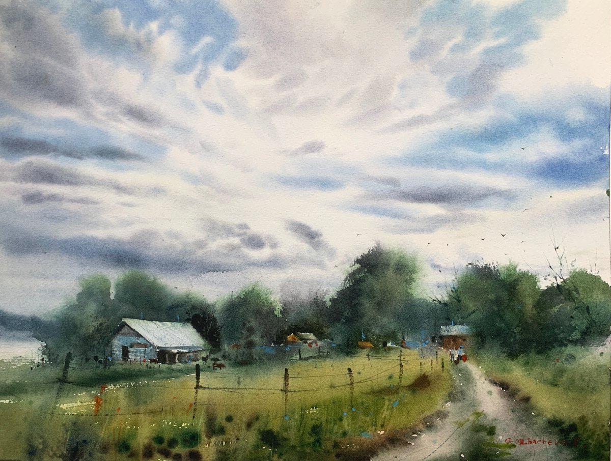 Impressionistic Watercolour , Clouds Over The Farm By Eugenia Gorbacheva, 16 X 12, Artwork For Sale On Artfinder