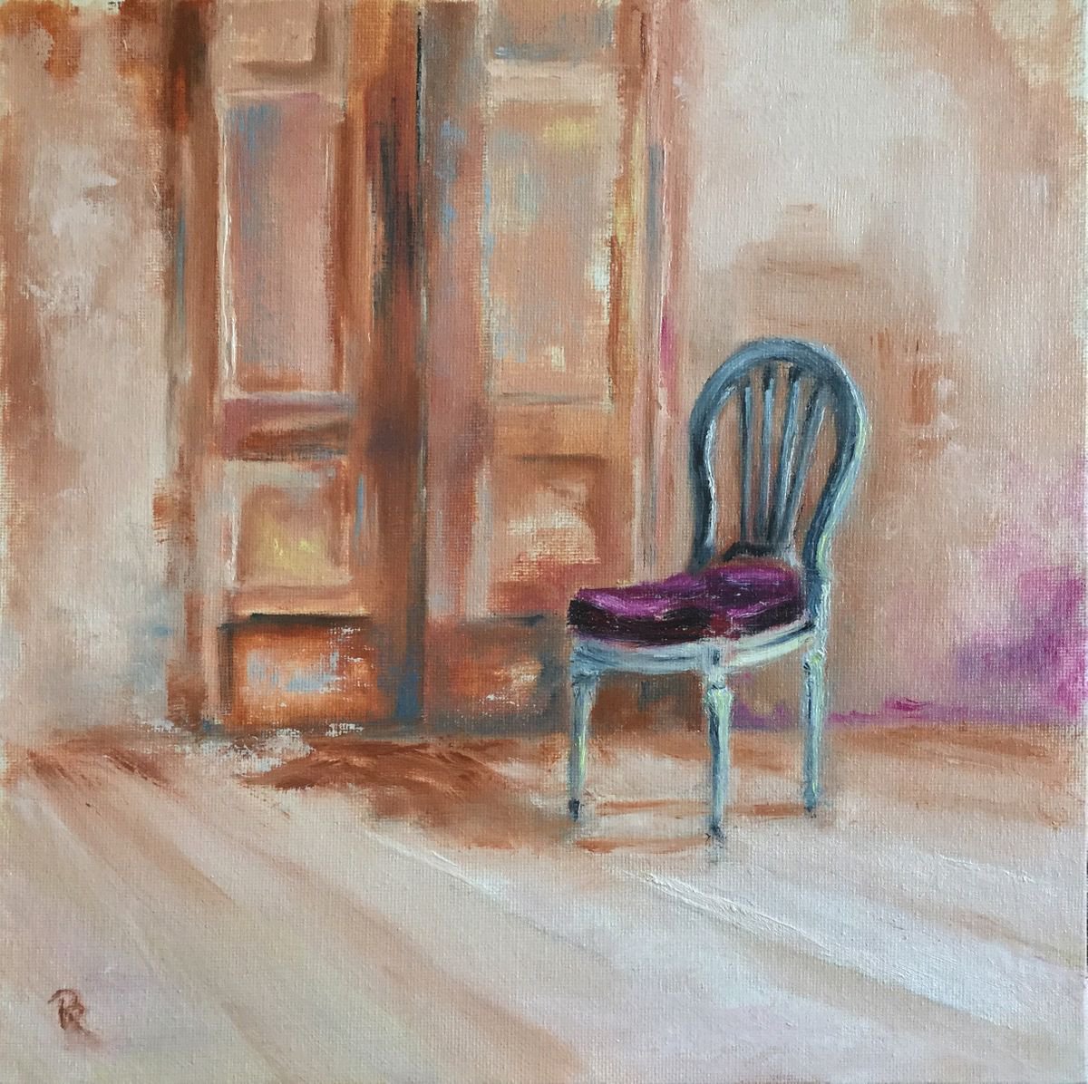 Impressionistic Still Life Oil Painting By Rebecca Pells, 10 X 10", Untitled - With Chair Ii, Original Artwork