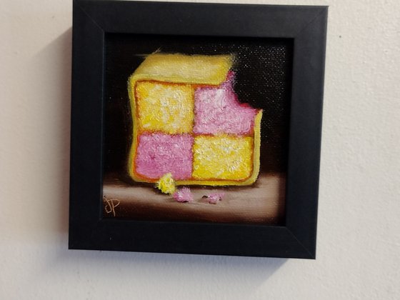 Little Battenberg cake slice still life