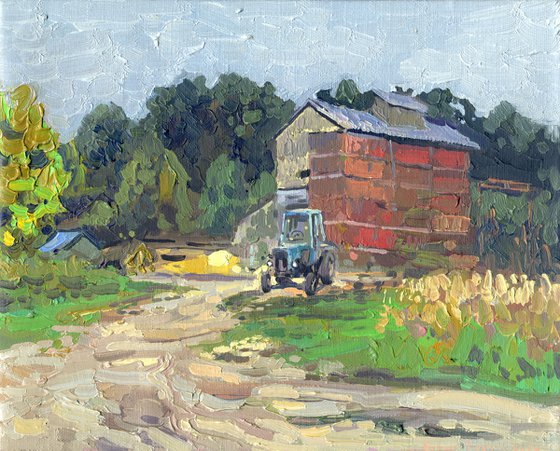 Blue tractor at the sawmill. Rodnya village