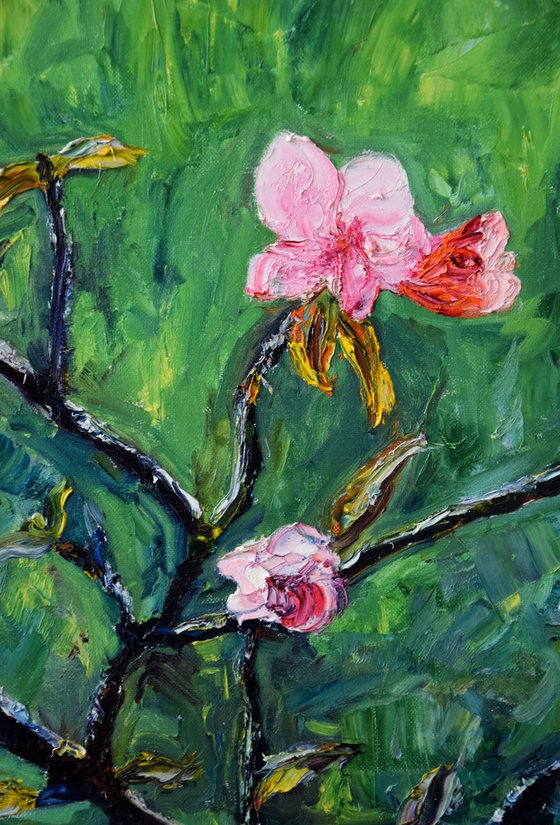 Spring flowers oil painting on canvas, pink flower, green wall art