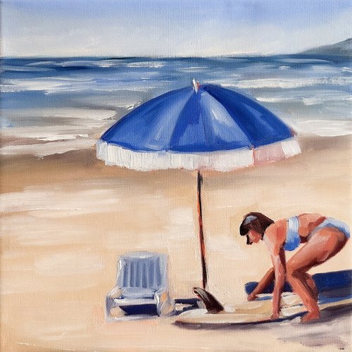 Surf Breaktime - Woman on Beach Painting by Daria Gerasimova
