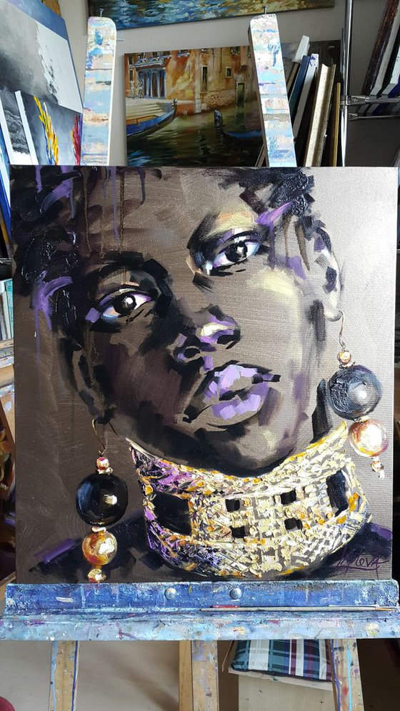 Female portrait of a black girl with gold jewelry on her neck, abstract woman portrait, oil original
