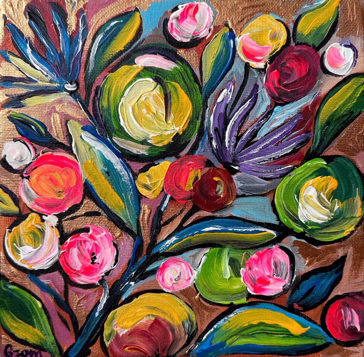 Impressionistic Botanical Acrylic Painting By Oksana Fedorova, 8 X 8", Modern Flowers, Original Artwork