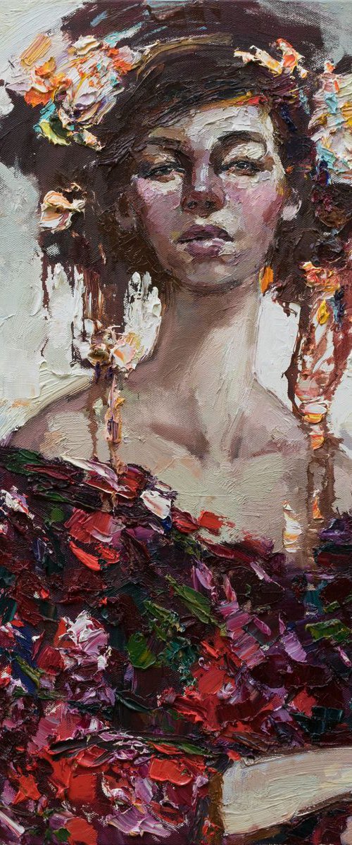 Woman with flowers - Original oil girl portrait painting by Anastasiia Valiulina