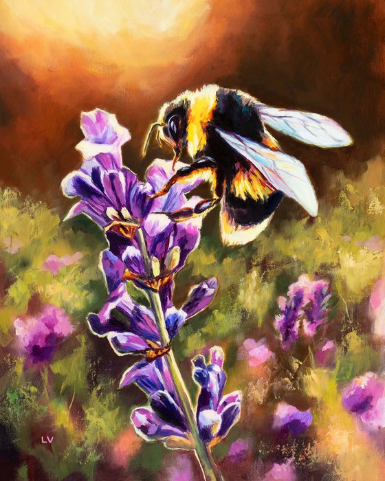 Bumblebee painting, Bee and flower painting, Insect illustration, Lavender flower artwork, Farmhouse painting, 'Ethereal moment’