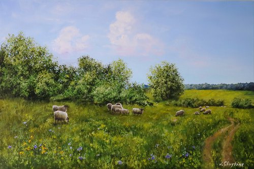 Sheep Grazing On Ranch Meadow by Natalia Shaykina