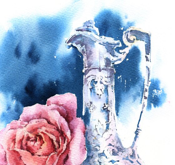 "Silver" watercolour sketch with antique decanter and rose