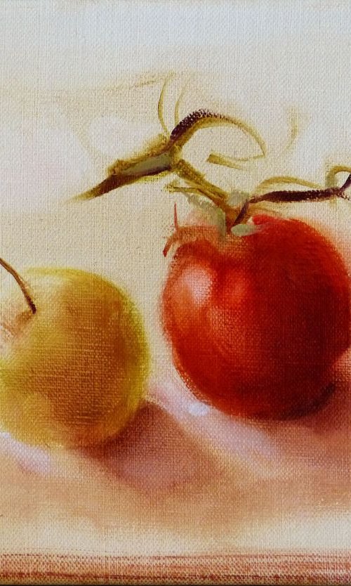 Still Life: Tomato and Apple, oil on canvas 27x19 cm, ready to hang by Frederic Belaubre