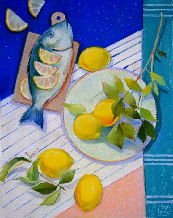 still life with fish and lemons