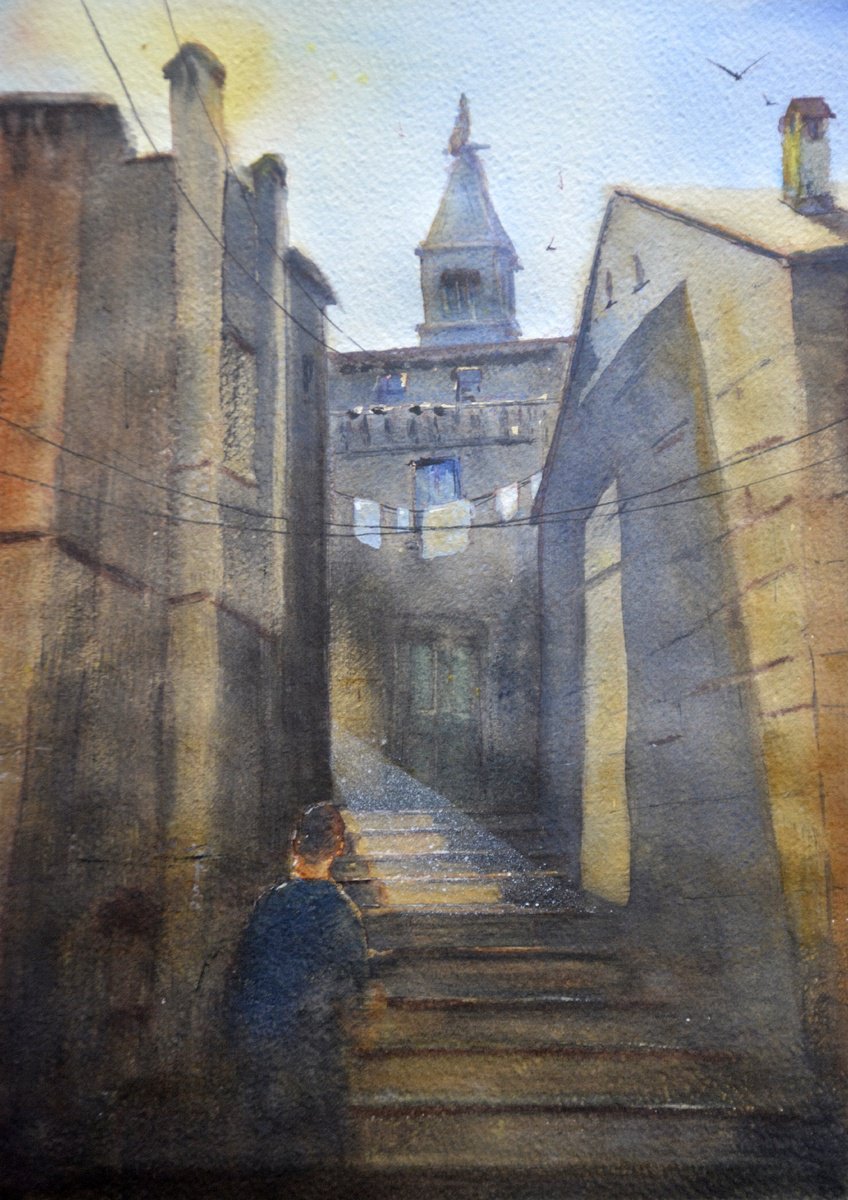 Impressionistic Cityscapes Watercolour By Nenad Kojic, 10 X 15", Sun In Windows Rovigno Croatia, Original Artwork