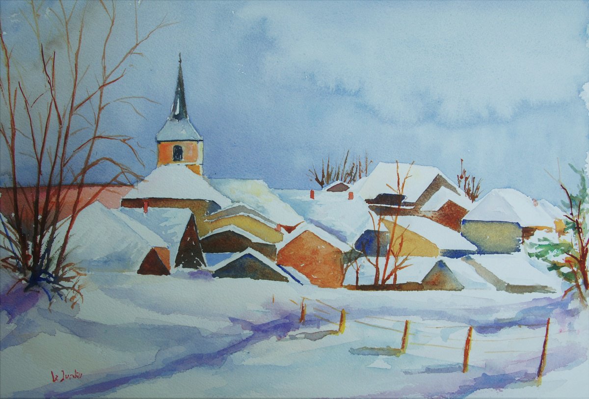 Impressionistic Landscape Watercolour By Jean-Noel Le Junter, 21 X 17, Winter In The Alps, Original Artwork